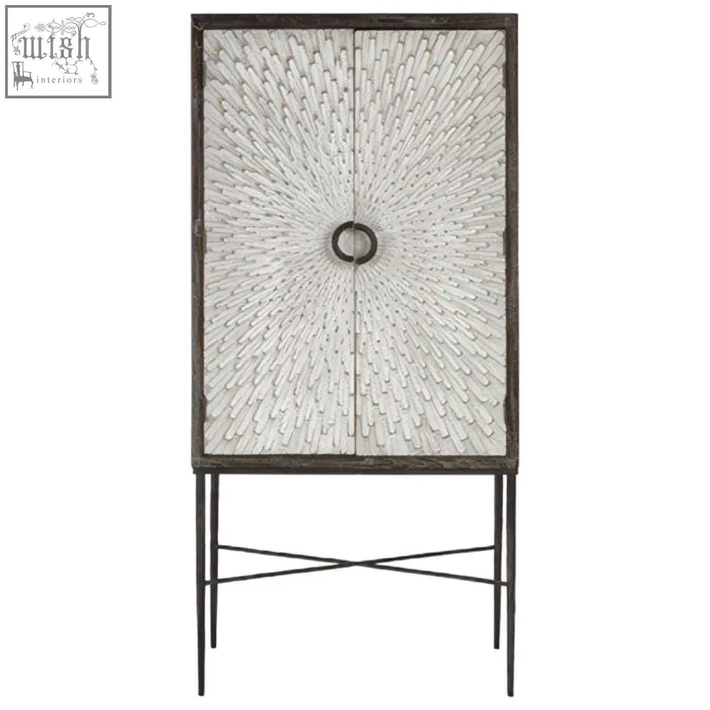 White textured elm wood wine cabinet with circular handle and dark metal legs for stylish storage