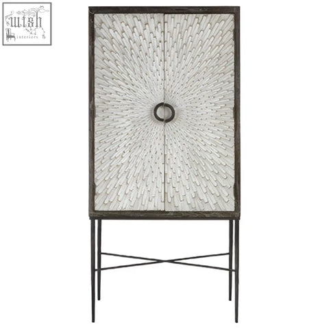 White textured elm wood wine cabinet with circular handle and dark metal legs for stylish storage