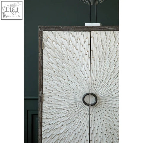 White textured elm wood wine cabinet with sunburst pattern and dark metal circular handles for stylish storage