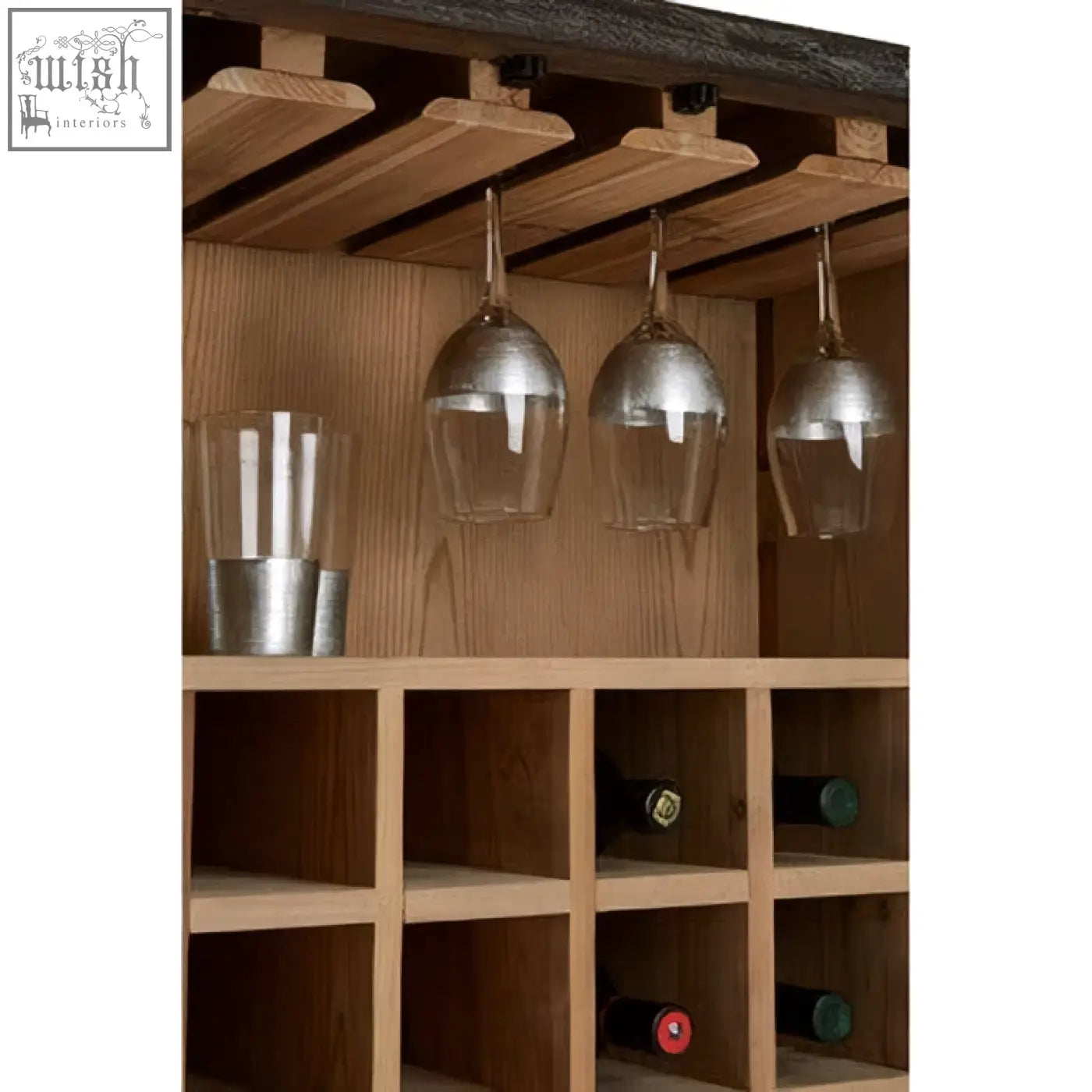 Wood wine cabinet in elm wood with hanging glassware and bottle storage compartments in the milan two door design