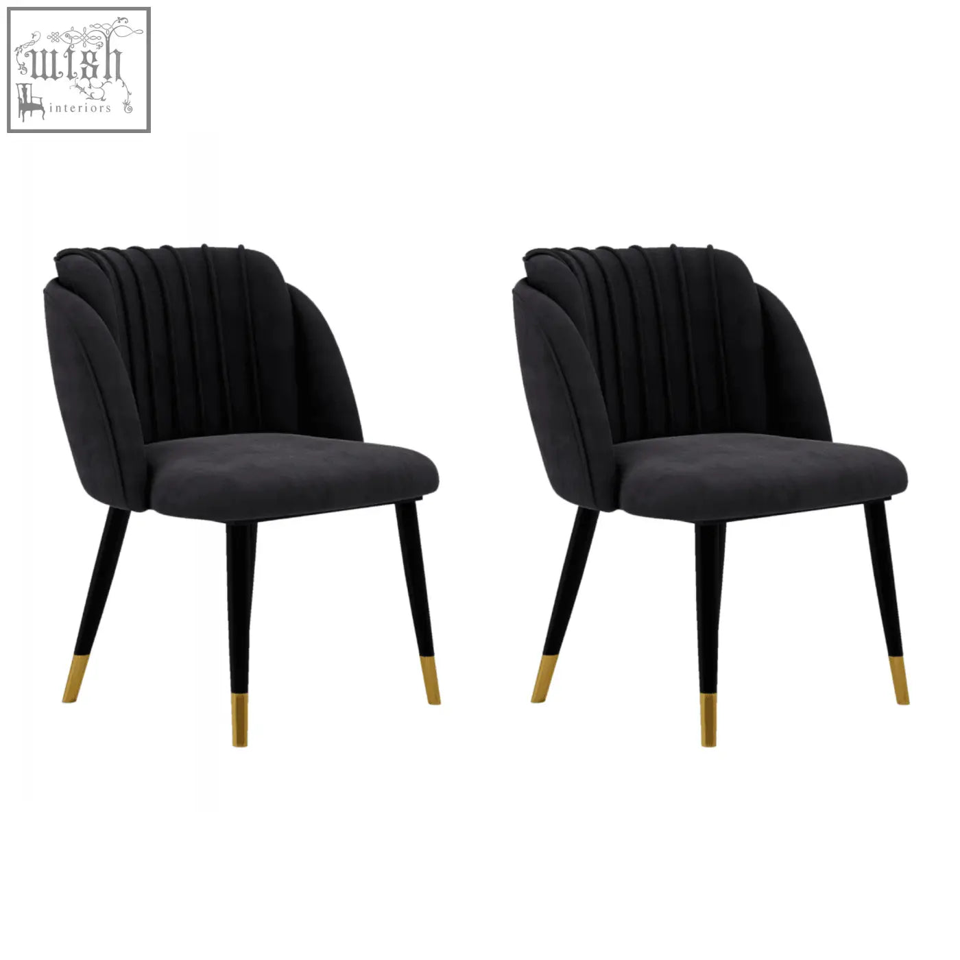 Black velvet milano velvet dining chair with ribbed back and gold tipped legs perfect as a stylish dining chair