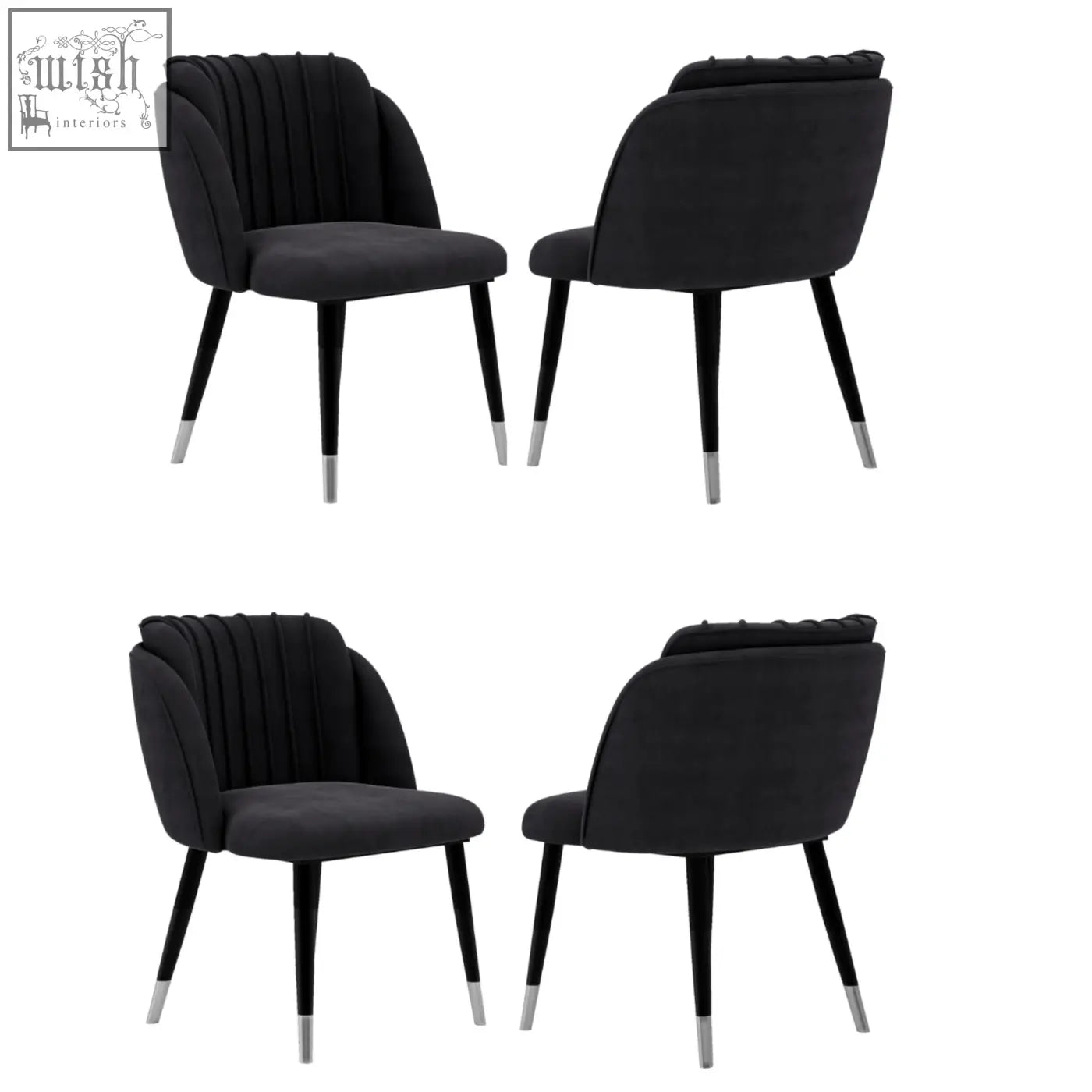 Black velvet milano velvet dining chair with tufted backrest and silver capped tapered legs perfect for dining room