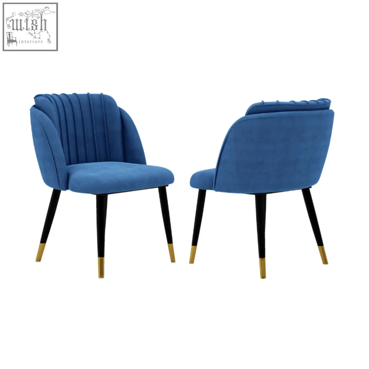 Pair of modern blue velvet dining chairs with black legs and gold tips milano velvet dining chair