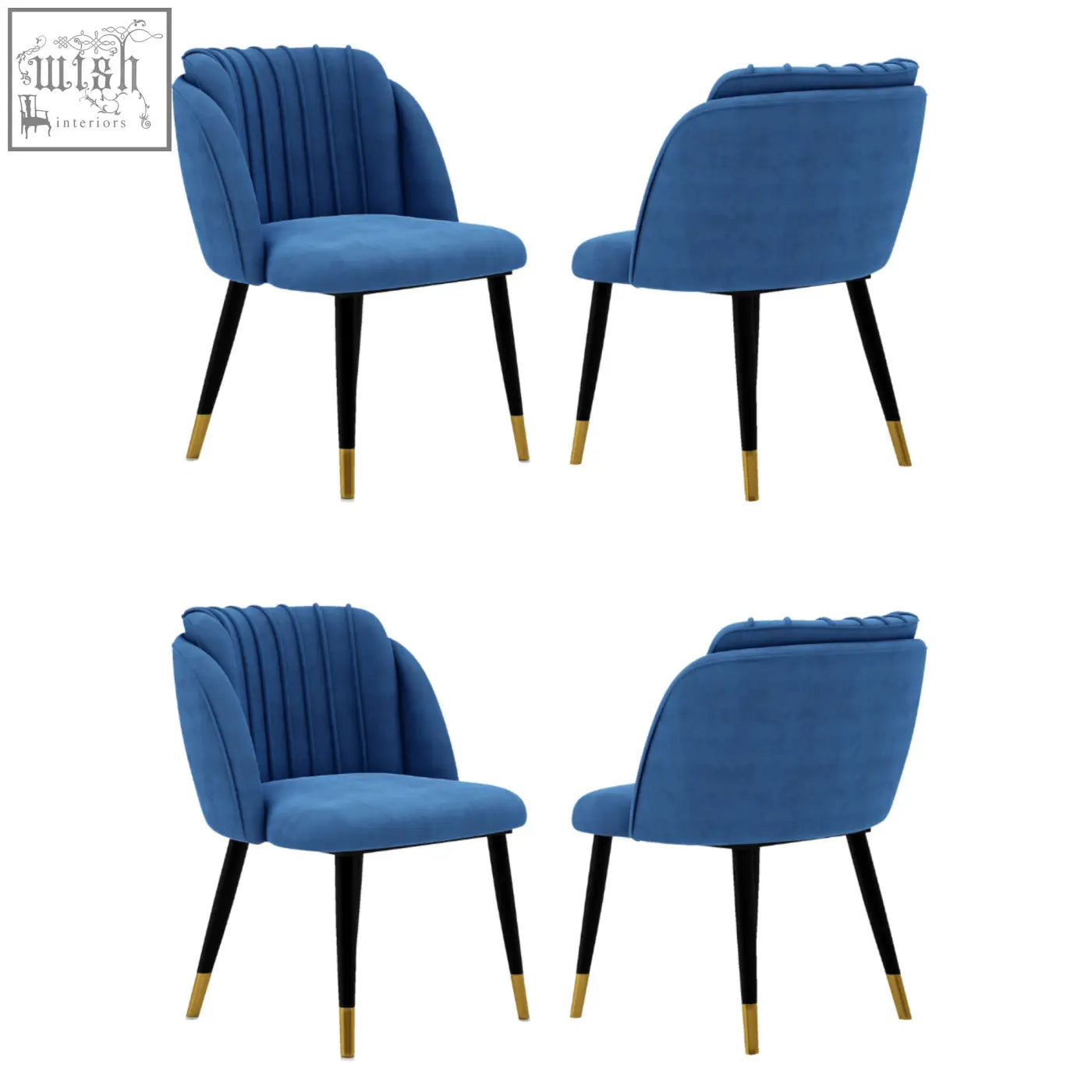Blue velvet milano velvet dining chair with black legs and gold-tipped feet perfect as a velvet dining chair