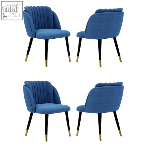 Blue velvet milano velvet dining chair with black legs and gold-tipped feet perfect as a velvet dining chair