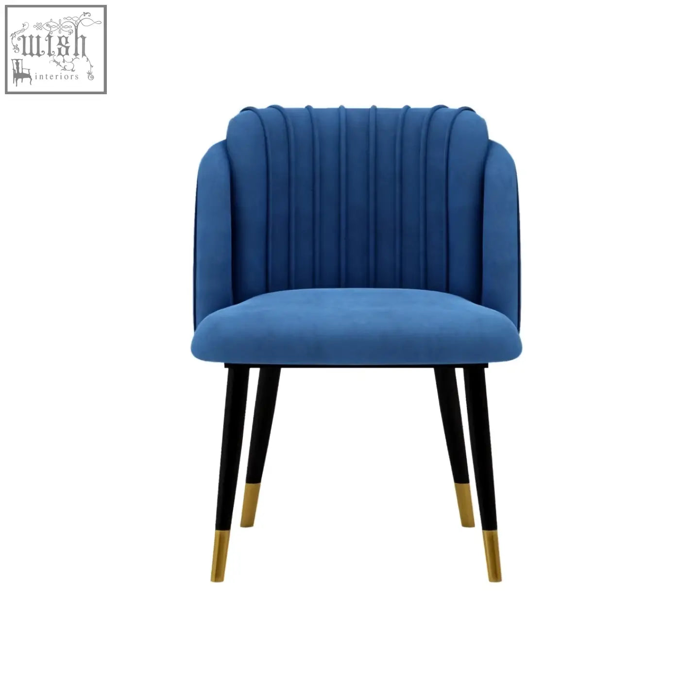 Blue velvet milano velvet dining chair with vertical pleats and black legs capped in gold perfect as a velvet dining chair