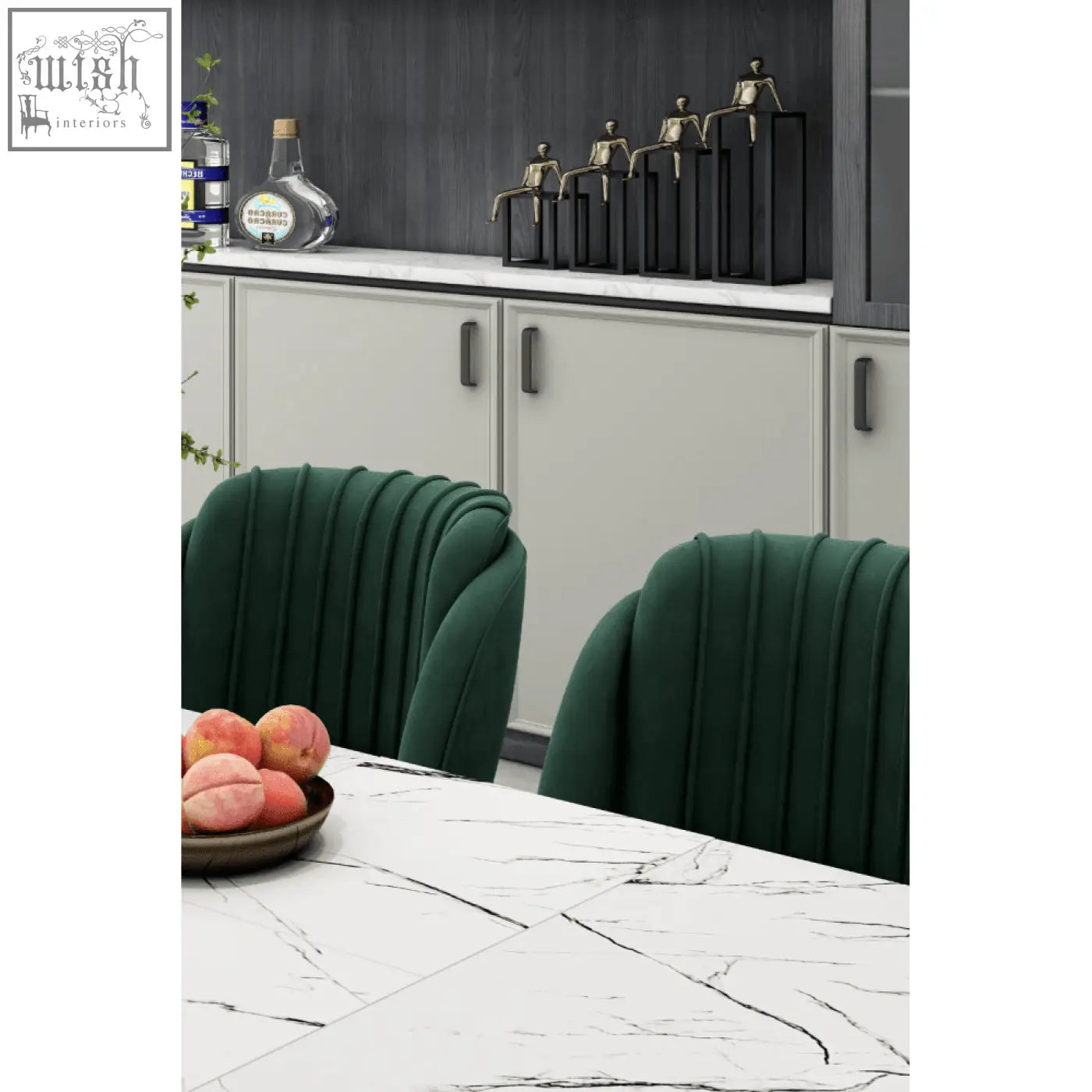 Emerald green velvet dining chair with vertical pleats in the milano velvet dining collection