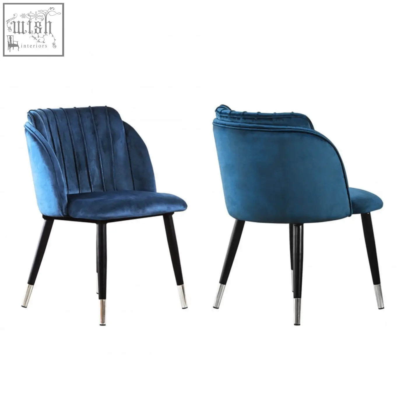 Deep blue milano velvet dining chair with sleek black legs and silver caps for stylish dining seating