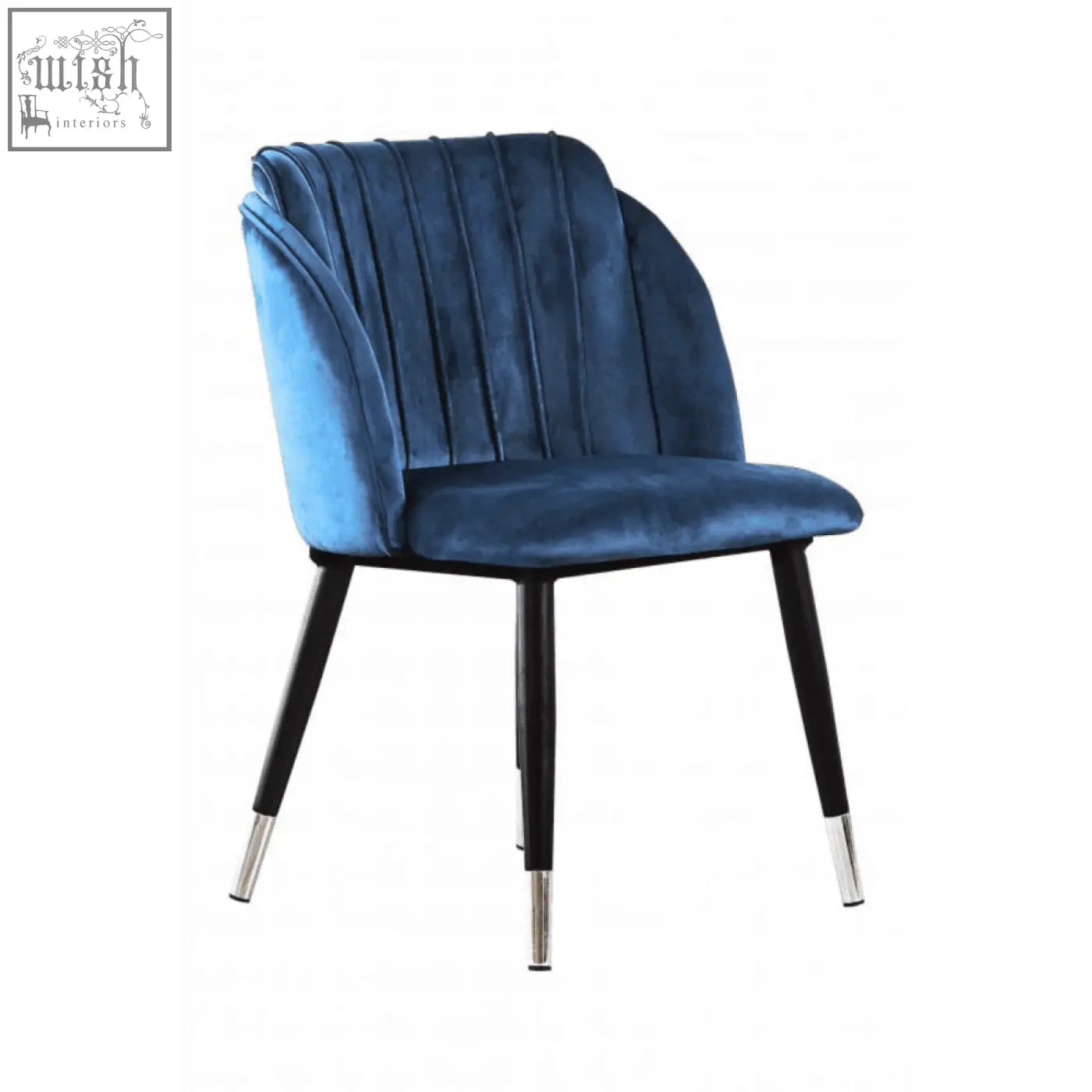 Deep blue milano velvet dining chair with tufted back and sleek black metal legs capped in chrome