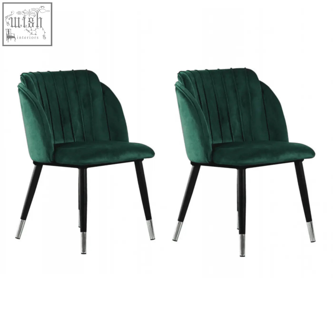 Deep emerald green milano velvet dining chair with black tapered legs and chrome caps perfect velvet dining chair
