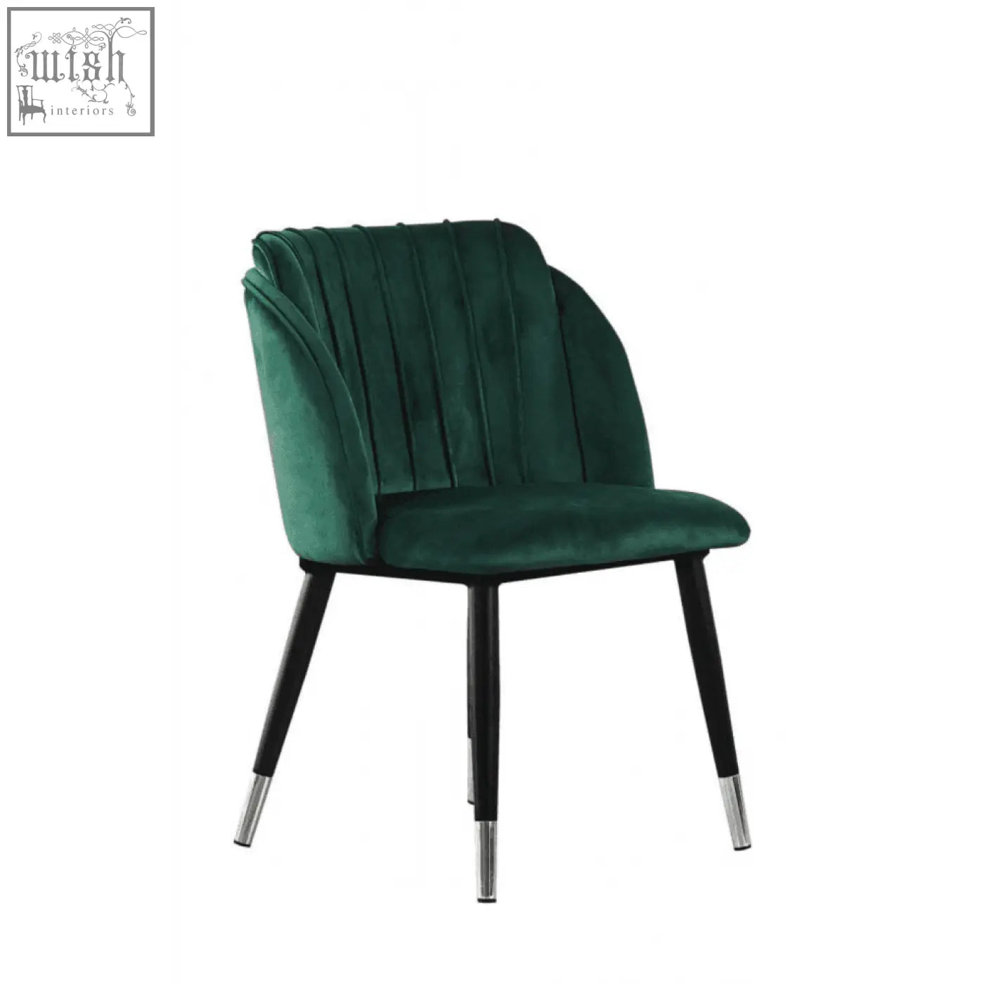 Deep emerald milano velvet dining chair with sleek modern design and black metal legs capped in chrome