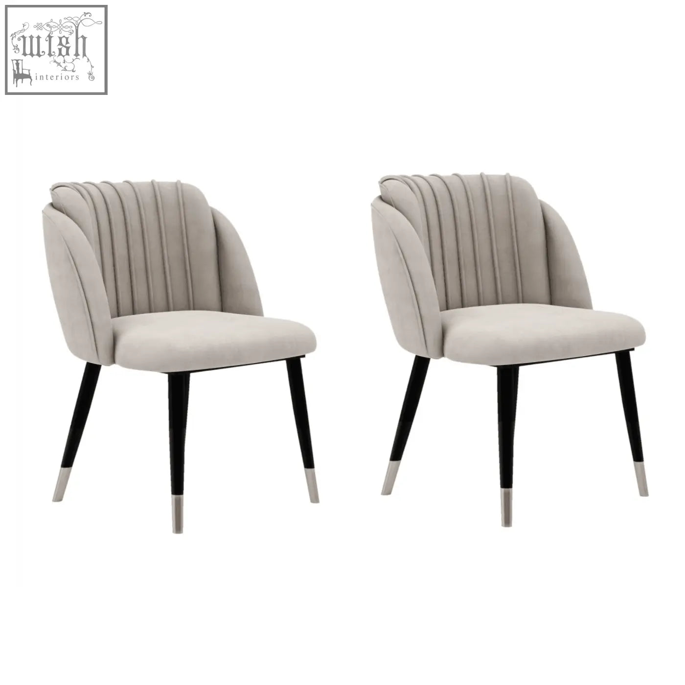 Beige milano velvet dining chair with black tapered legs and silver caps for stylish velvet dining seating