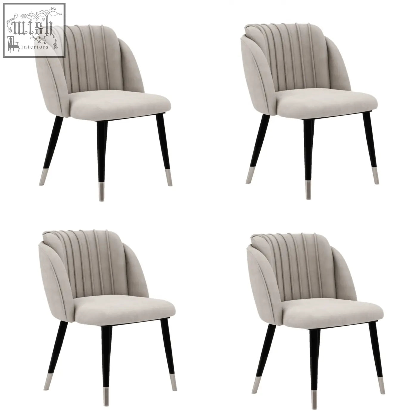 Beige milano velvet dining chair with black tapered legs and silver caps perfect as a velvet dining chair