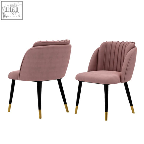 Pair of blush pink milano velvet dining chairs with black legs and gold-tipped feet velvet dining chair set