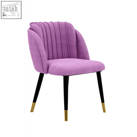 Purple milano velvet dining chair with ribbed back velvet upholstery and black legs with gold tips for dining room use