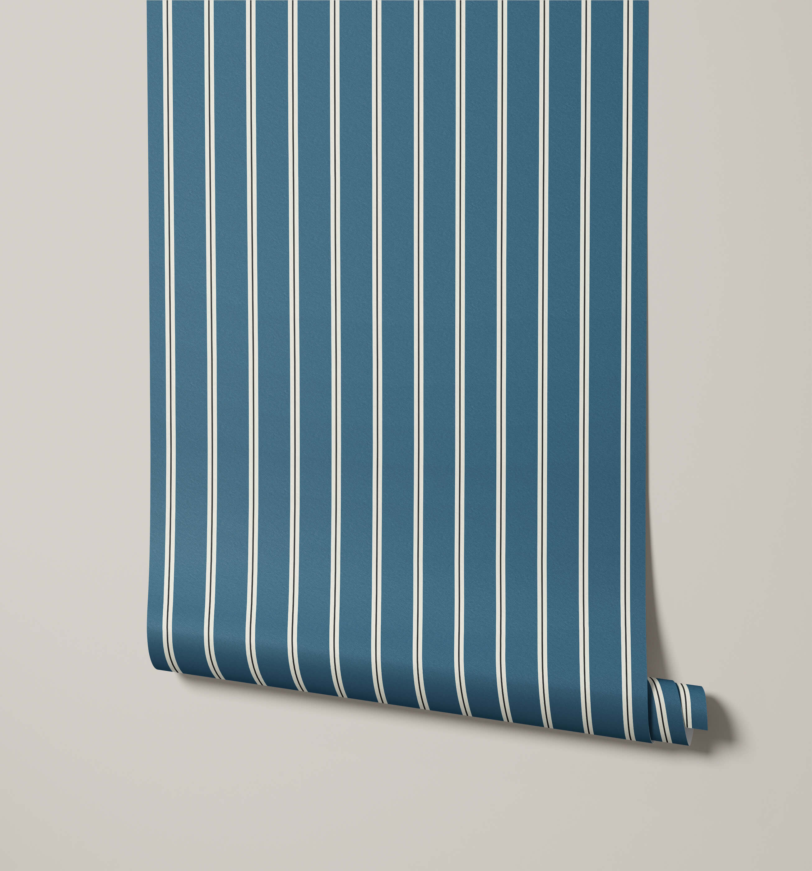 Miller pinstripe wallpaper roll in blue and white with vertical stripes perfect for stylish wall decor