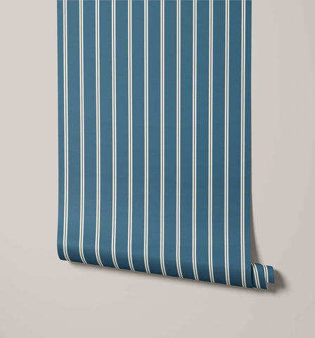 Miller pinstripe wallpaper roll in blue and white with vertical stripes perfect for stylish wall decor