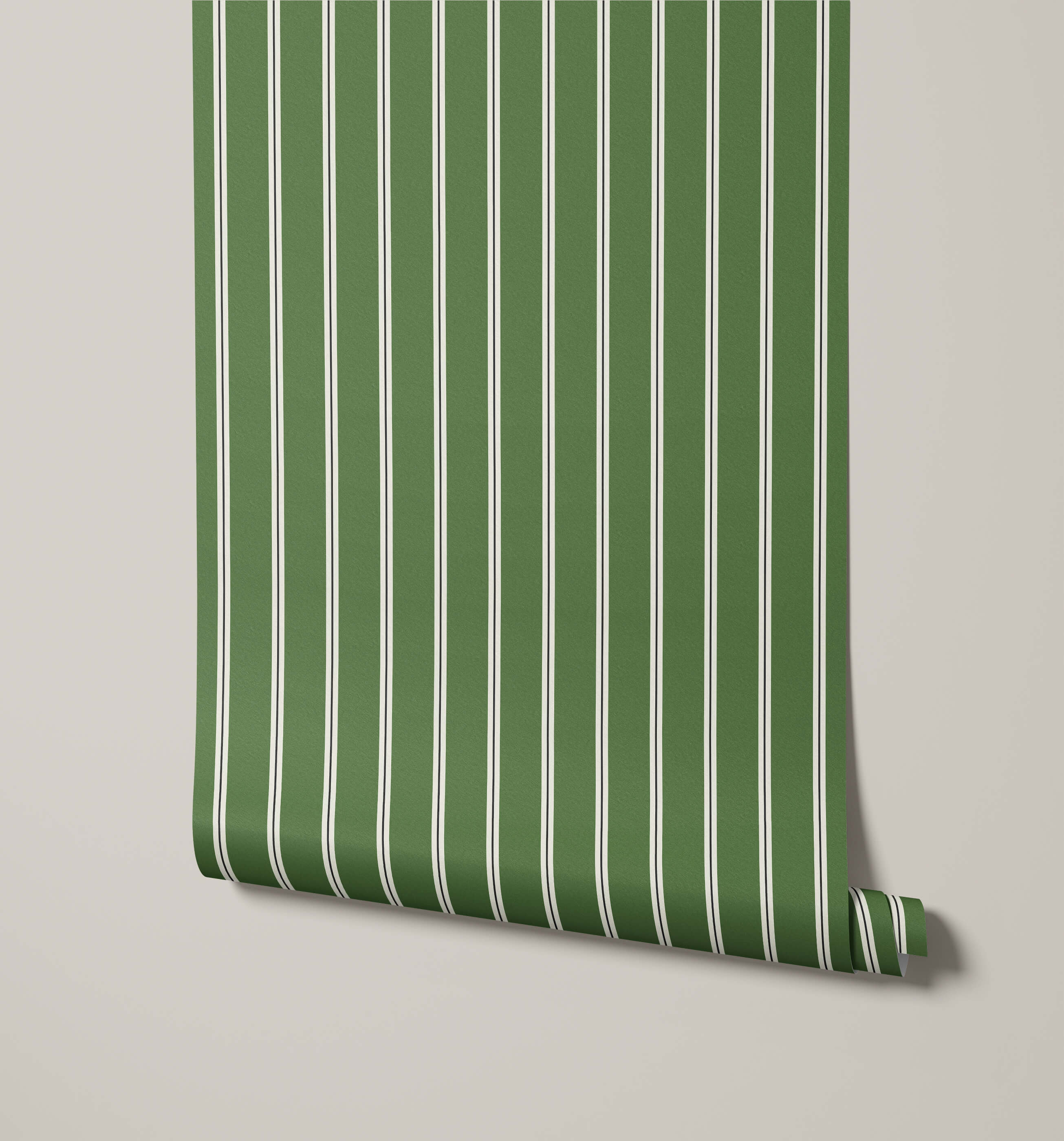 Miller green and white pinstripe wallpaper roll with vertical stripes perfect for stylish wall decor