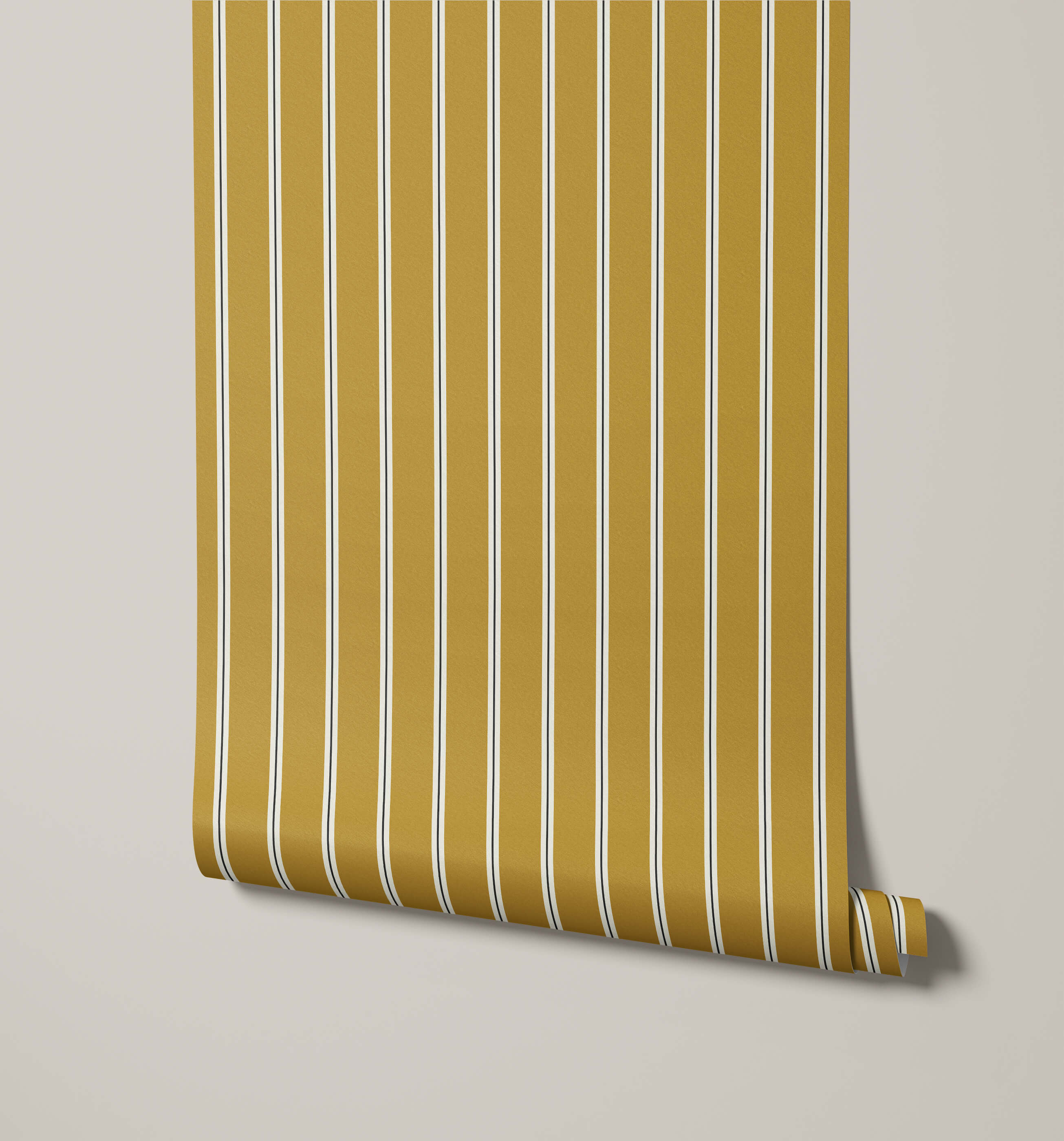 A roll of miller mustard yellow pinstripe wallpaper with thin white vertical stripes perfect for walls