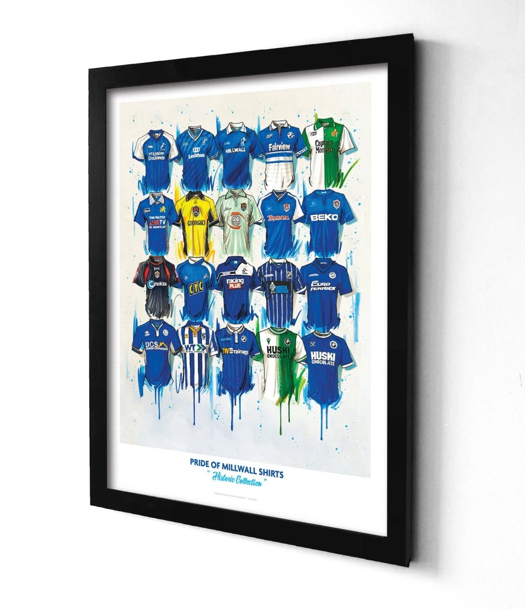 Black-framed millwall a2 limited edition print featuring a watercolor collage of historic jerseys in blue green yellow and white