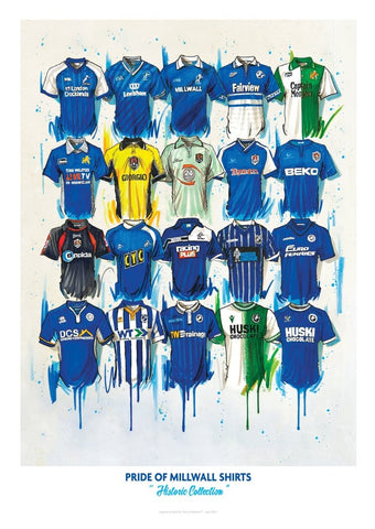 A vibrant limited edition print of millwall football club historic home and away jerseys in bold colors and patterns