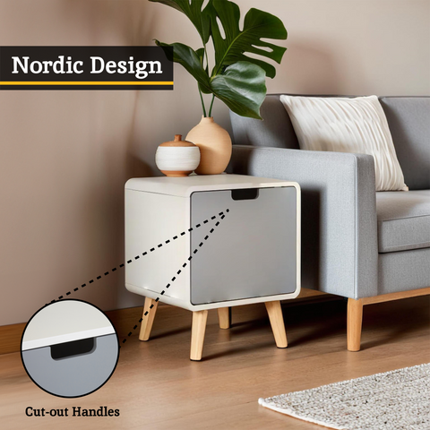 Milo 1 door cabinet with light two tone white and gray finish featuring natural wooden legs and cut out handles