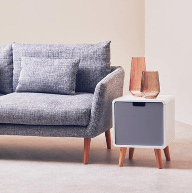 Modern white and gray milo 1 door cabinet with natural legs features a light two-tone door cabinet design