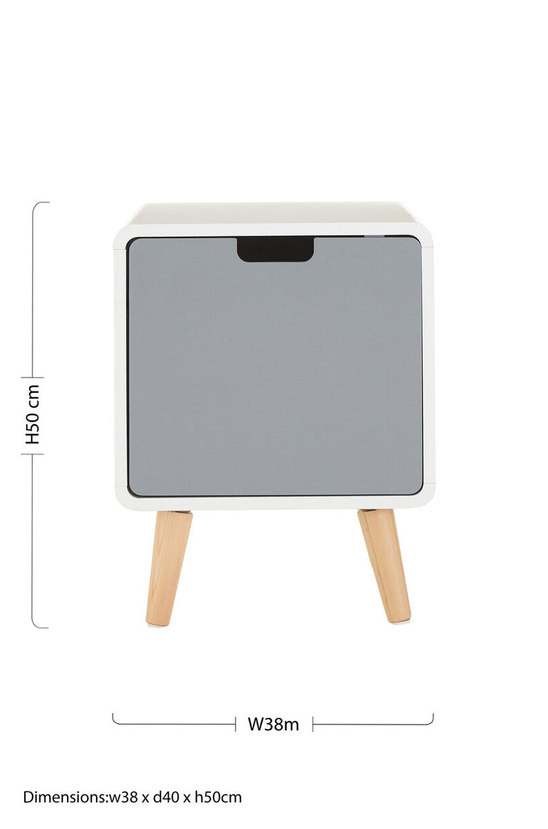 Milo 1 door cabinet with white and gray light two-tone finish and natural wooden legs for minimalist storage