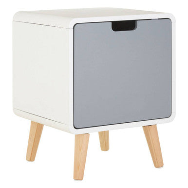 Modern milo 1 door cabinet with light two-tone white and gray finish and natural wooden legs for stylish storage