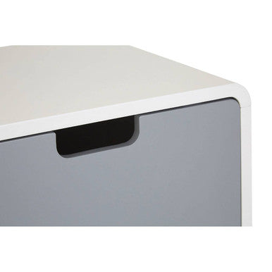 Milo 1 door cabinet with white and gray light two tone finish and natural legs in a sleek minimalist design