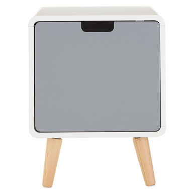 White milo 1 door cabinet with gray glass drawer and natural light two-tone wood legs for stylish storage