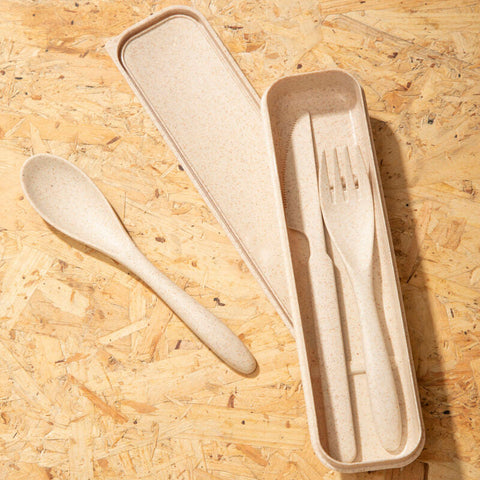 Beige natural wheat straw 3 piece cutlery set with spoon fork knife in matching rectangular travel case