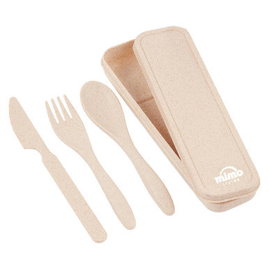 Beige natural wheat straw cutlery set with knife fork and spoon in a matching case for travel use