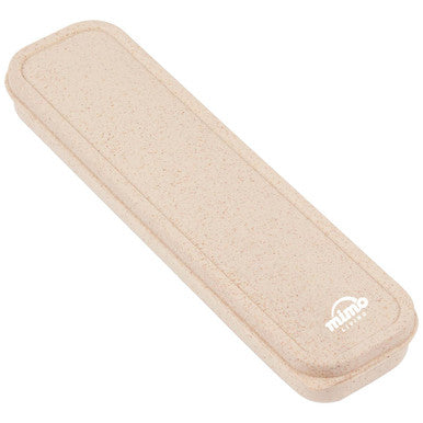 Beige rectangular wheat straw case with textured surface and white logo for natural wheat straw cutlery set