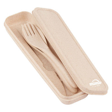 Beige natural wheat straw cutlery set with matching eco-friendly case perfect for travel use