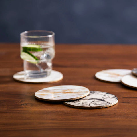 Mimo 6pc marble effect assorted cork coasters with beige gray veining and thin wooden rim for stylish drink protection
