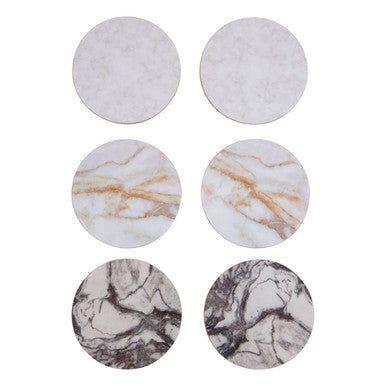 Set of six assorted cork coasters with elegant white beige and gray marble effect perfect for protecting surfaces