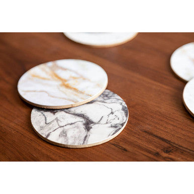 Mimo 6pc marble effect assorted cork coasters with white bases and gray gold veining cork coasters set