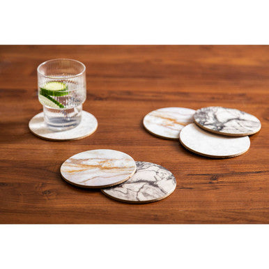 Mimo 6pc marble effect assorted cork coasters with white and gold marble pattern for stylish drink protection