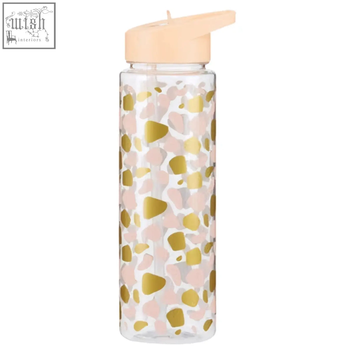 Clear mimo animal print water bottle with peach flip-top lid and pink gold splatter design for stylish hydration