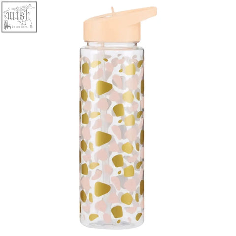 Clear mimo animal print water bottle with peach flip-top lid and pink gold splatter design for stylish hydration