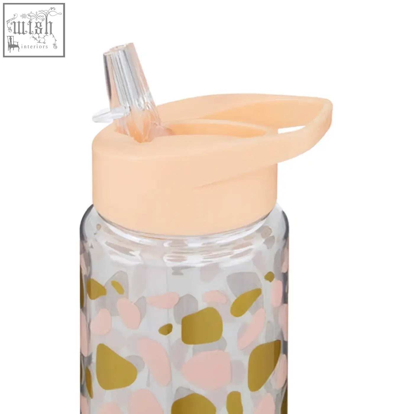 Clear water bottle with peach lid and straw featuring playful pink and gold mimo animal print pattern