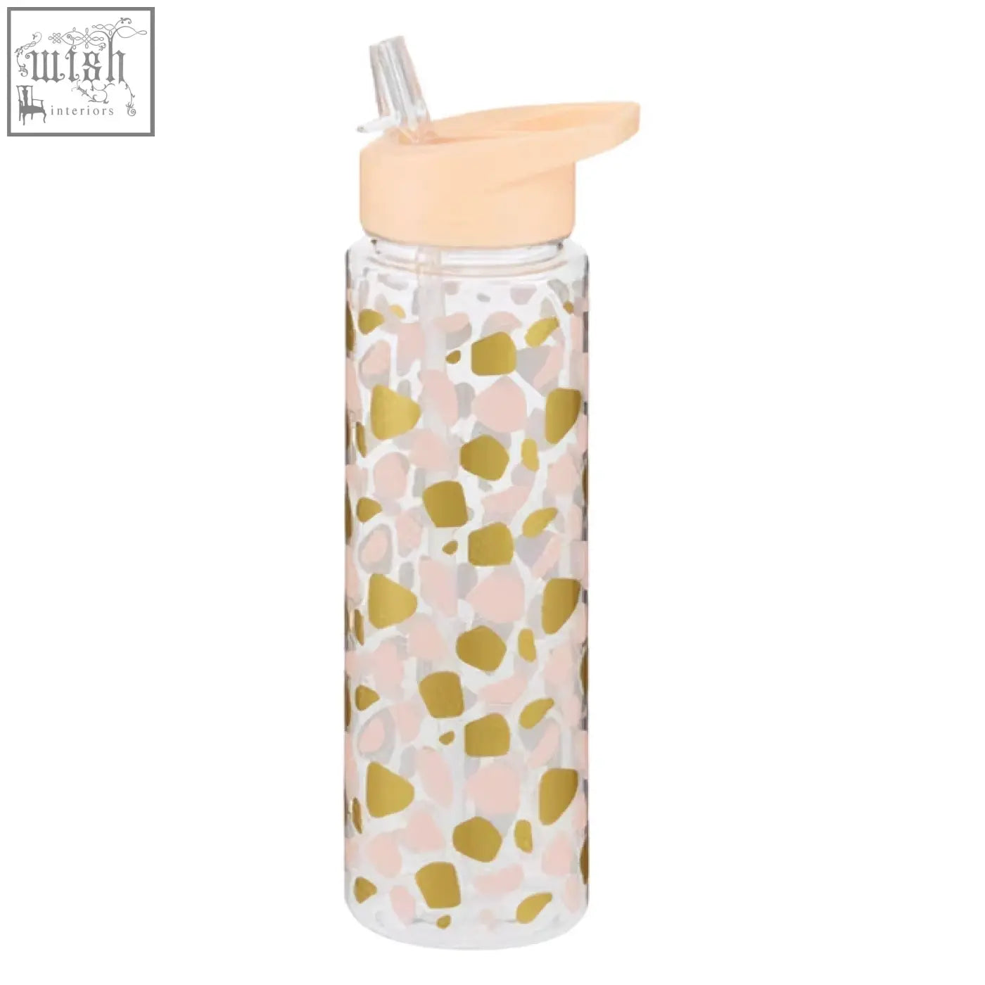 Clear mimo animal print water bottle with peach lid and straw featuring playful pink and gold polka dots design