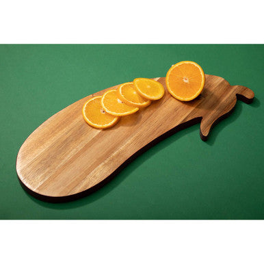 Wooden mimo aubergine design chopping board shaped like an eggplant with smooth natural finish and orange slices