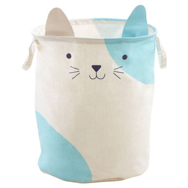 A soft light blue and cream mimo cat face laundry bag with embroidered cat face features and fabric storage design
