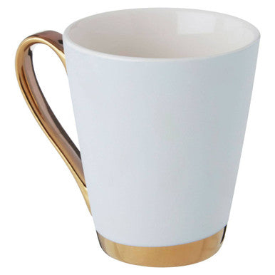 White ceramic mug with gold handle and base featuring a green frosted deco l letter monogram design