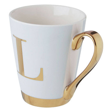 White ceramic mimo green frosted deco l letter monogram mug with gold lettering handle and base rim