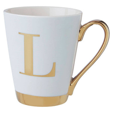 White ceramic mug with gold letter l and matching handle and base from mimo green frosted deco collection