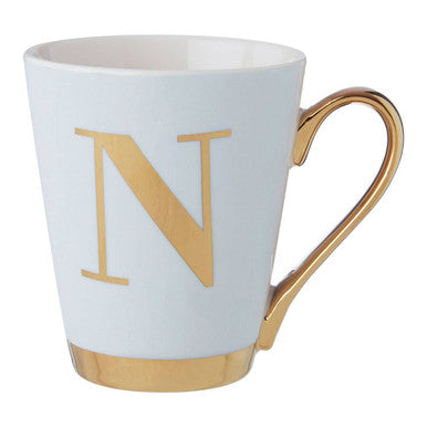 White ceramic mug with gold handle and n letter featuring green frosted deco design from mimo monogram collection