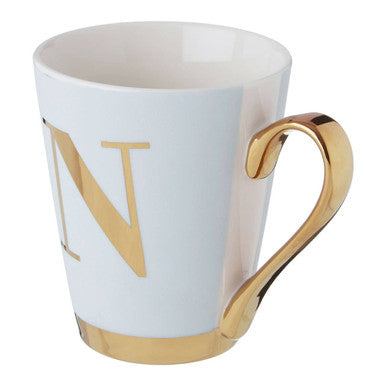 White ceramic mug with gold n initial and matching handle in green frosted deco style from mimo green frosted collection